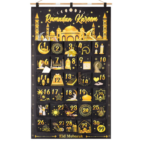 DPKOW 30 Ramadan Calendar with Pockets, Reusable Cloth Ramadan Advent Calendar Empty to Fill Hanging for Wall Home Ramadan Decoration, Ramadan Countdown Calendar for Gifts Ramadan, Black Gold