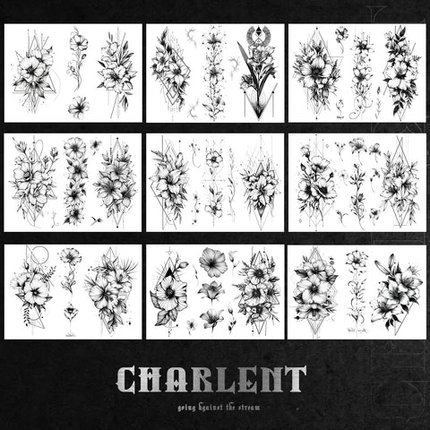 CHARLNET Black Flower Temporary Tattoos for Women - 9 Large Sheets Realistic Flower Lily Tattoos For Women Body Art Arm Chest Legs Shoulder