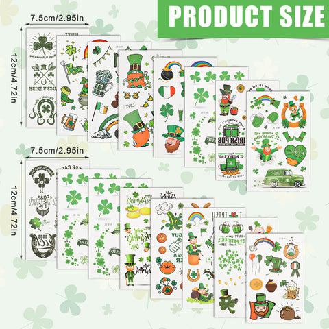 16 Sheets St. Patrick's Day Tattoos Stickers, 200 Patterns St Patricks Face Tattoos Shamrock/Clover Temporary Irish for Leprechaun Tattoos 4 Leaf Clover Tattoos for Kids Irish Parade Party Favors