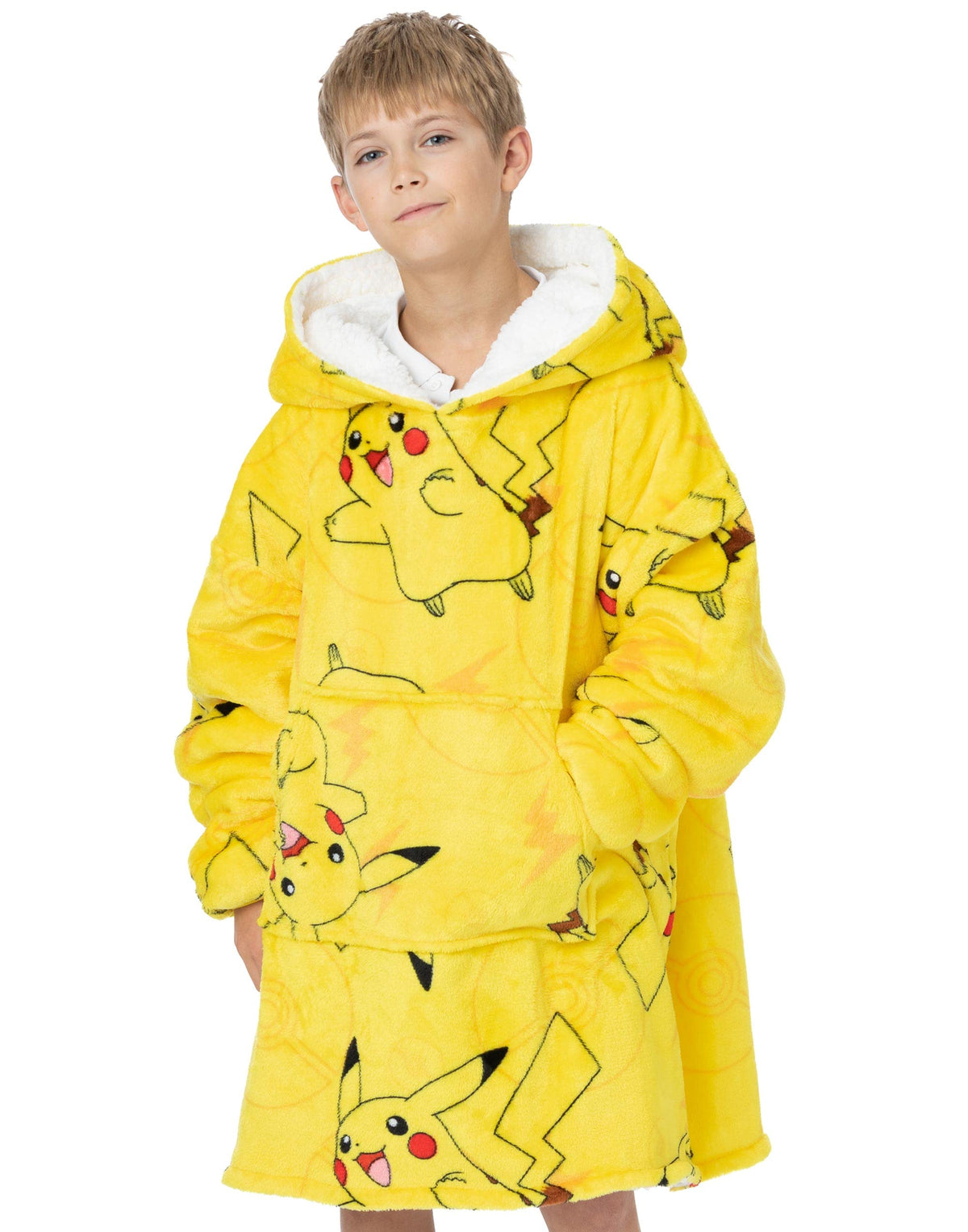 Pokemon Kids Oversized Blanket Hoodie | Boys Girls Pikachu OR Pokeball Design | Game Double Lined Sherpa Fleece Yellow Sweatshirt | One Size Sweater Big Pocket