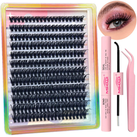 Lash Extension Kit Mikiwi 240pcs D Curl Mixed 9-16mm Individual Lash Clusters with Lash Bond and Seal and Lash Applicator Tool DIY Eyelash Extension Kit at Home(40D-0.07D-9-16MM)