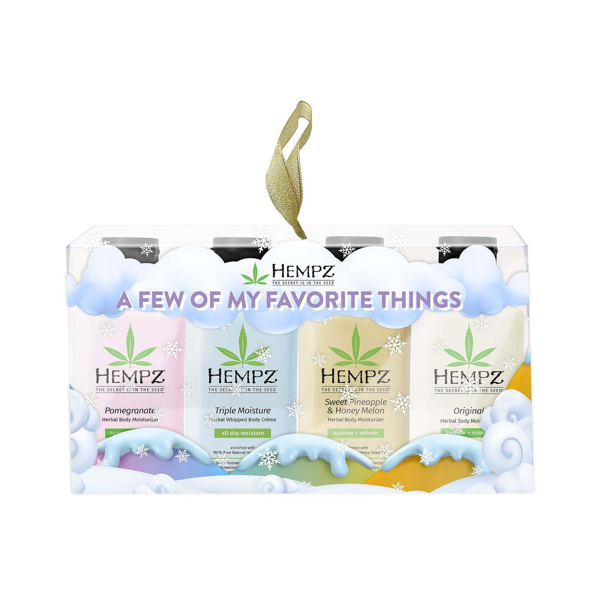 Hempz A Few of My Favorite Things (2.25 Oz 4 Pack) Pomegranate, Triple Moisture, Pineapple & Melon, & Floral Banana Moisturizer - Holiday Mini Travel Lotion for Women or Men with Dry or Sensitive Skin