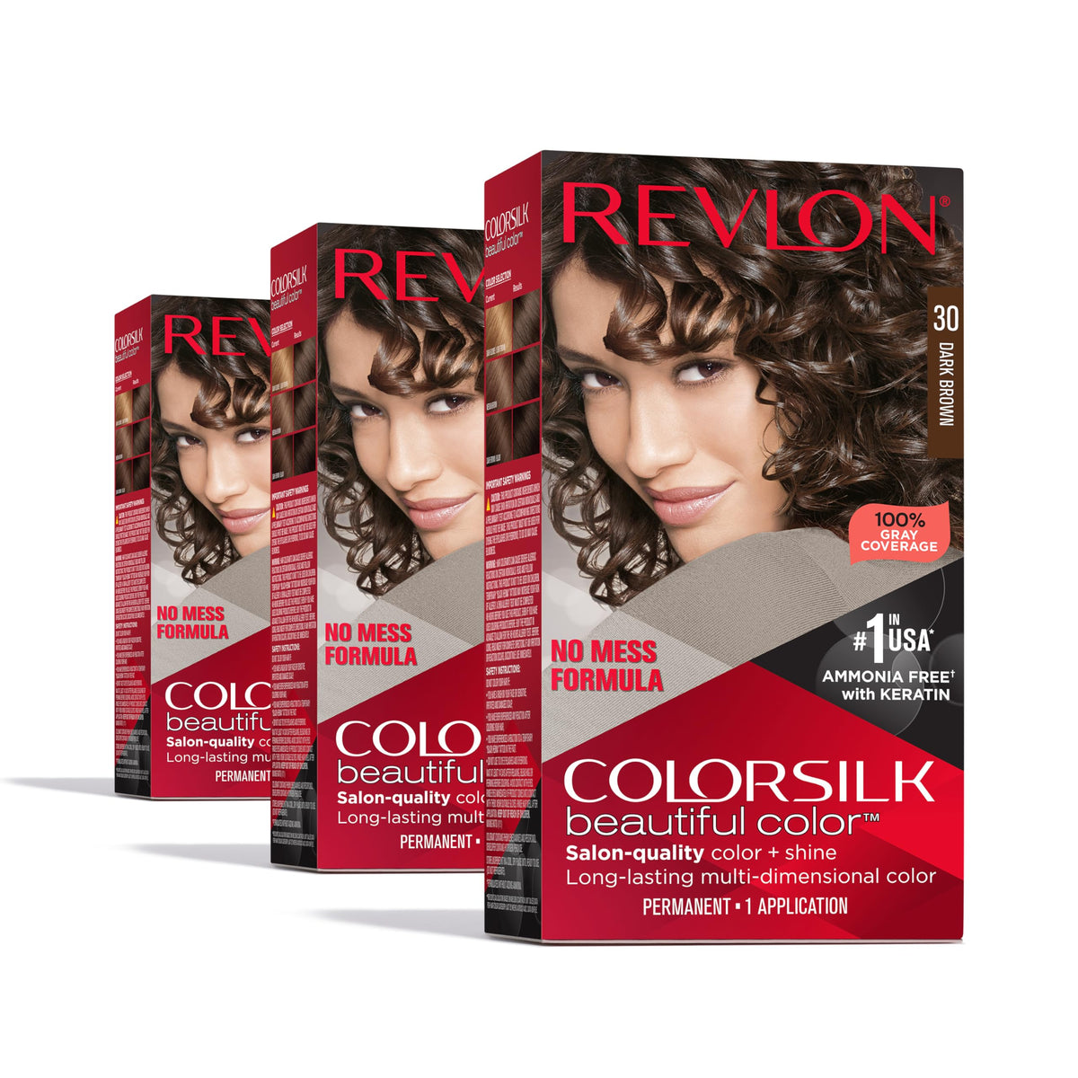 Revlon ColorSilk Beautiful Color Permanent Hair Color, Long-Lasting High-Definition Color, Shine & Silky Softness with 100% Gray Coverage, Ammonia Free, 30 Dark Brown, 3 Pack