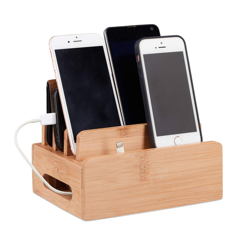 Relaxdays Bamboo Docking Station, Desk Phone Stand for 6 Devices, Wooden Cable Box, HWD 9 x 17 x 13 cm, Natural