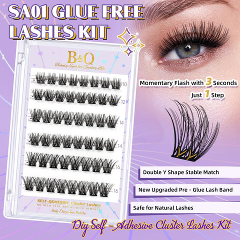 B&Q Self Adhesive Eyelashes 48 PCS Reusable Adhesive Eyelashes Pre-Glued Cluster Lashes D Curl No Glue Eyelashes 10-16mm with Lash Tweezers 1 Step DIY Lash Self Stick Easy to Apply (SA01-D)