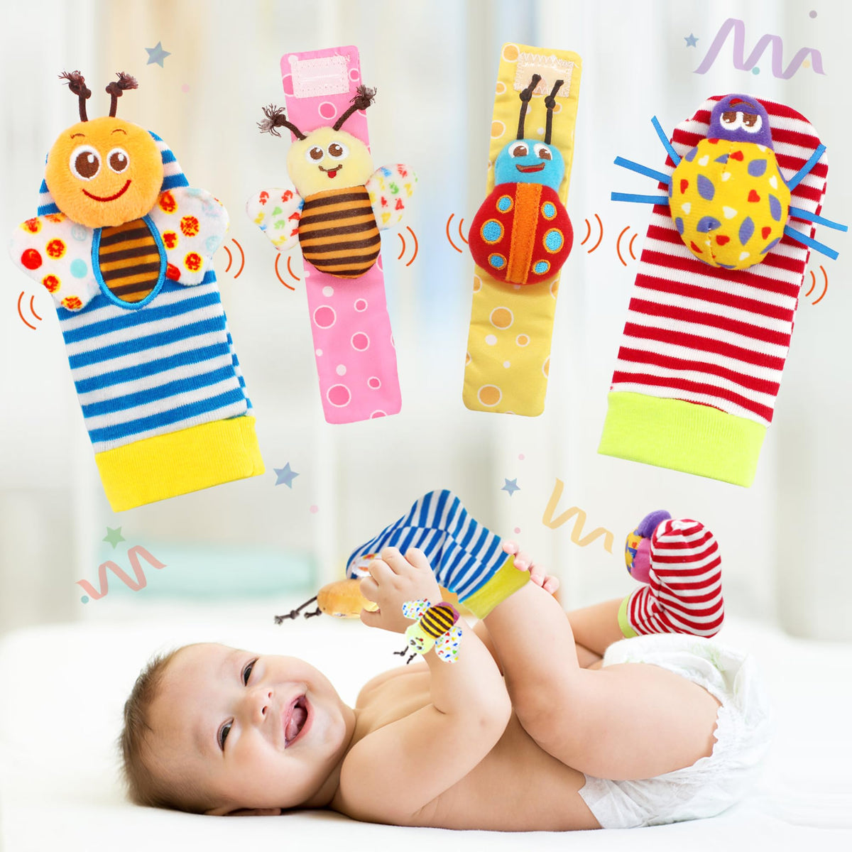 Soft Baby Toy, Wrist Rattle & Foot Finder Socks, Handheld Rattles and Rattle Socks, Foot Rattle Leg Rattle Ankel Rattle, Newborn Baby Rattle Toys for Infant Boy or Girl (4 PCS-BR)