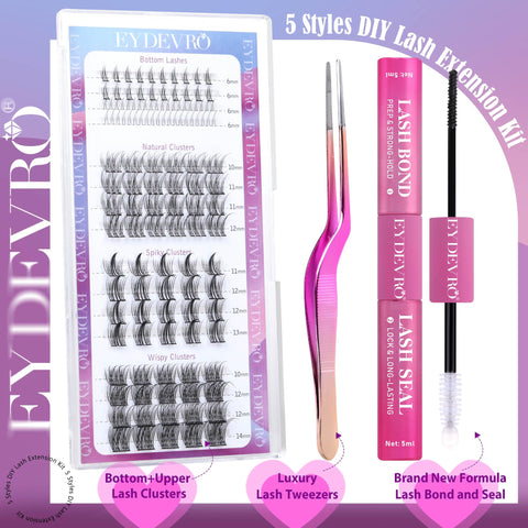 EYDEVRO Lash Clusters Kit Natural Lash Extension Kit DIY Multi-type Eyelash Extension Kit: Bottom Lashes, Natural Cluster Lashes, Fans, Wispy Individual Lashes, Lash Bond and Seal, Lash Tweezer