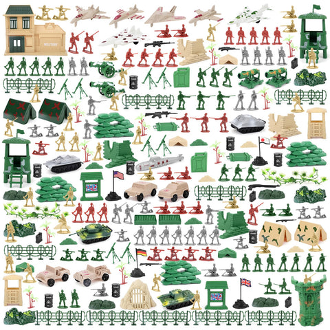 deAO 303 Piece Military Playset with Toy Soldiers; Military Figures; Tanks; Planes; Flags; Carry Case and Battlefield Accessories