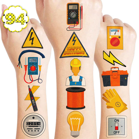 94 PCS Electrician Lineman Funny Mechanic Tool Power Stickers Temporary Tattoo Theme Birthday Party Supplies Decorations Favors Decor Hard Hat Tattoos Sticker Gifts For Man Boys Girls School Prizes