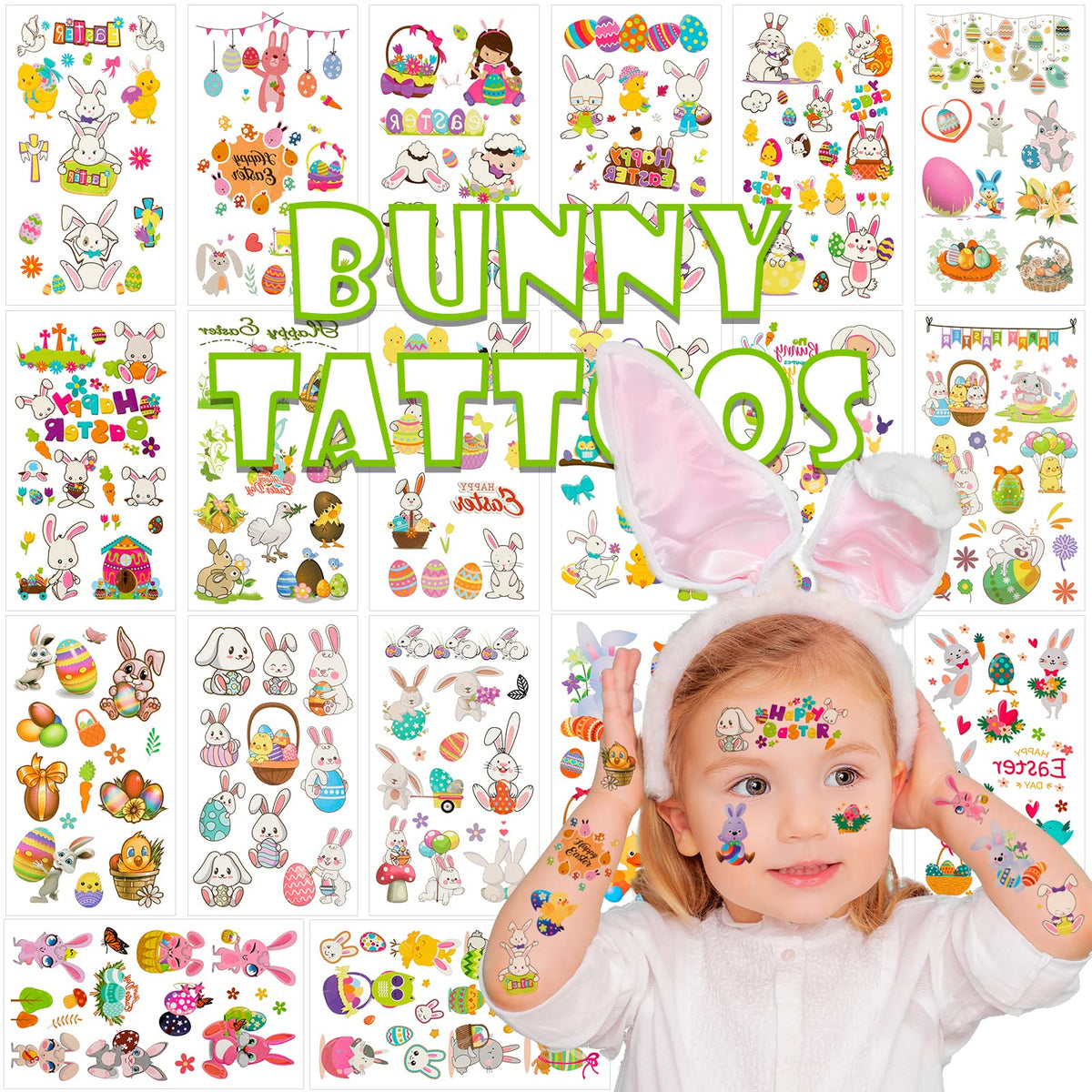 Easter Temporary Tattoos for Kids, Konsait Bunny Tattoos Easter Eggs Baskets Lambs Chicks Ducklings Fake Tattoos for Girls Bunny Themed Birthday Decorations Party Favors 20 Sheets