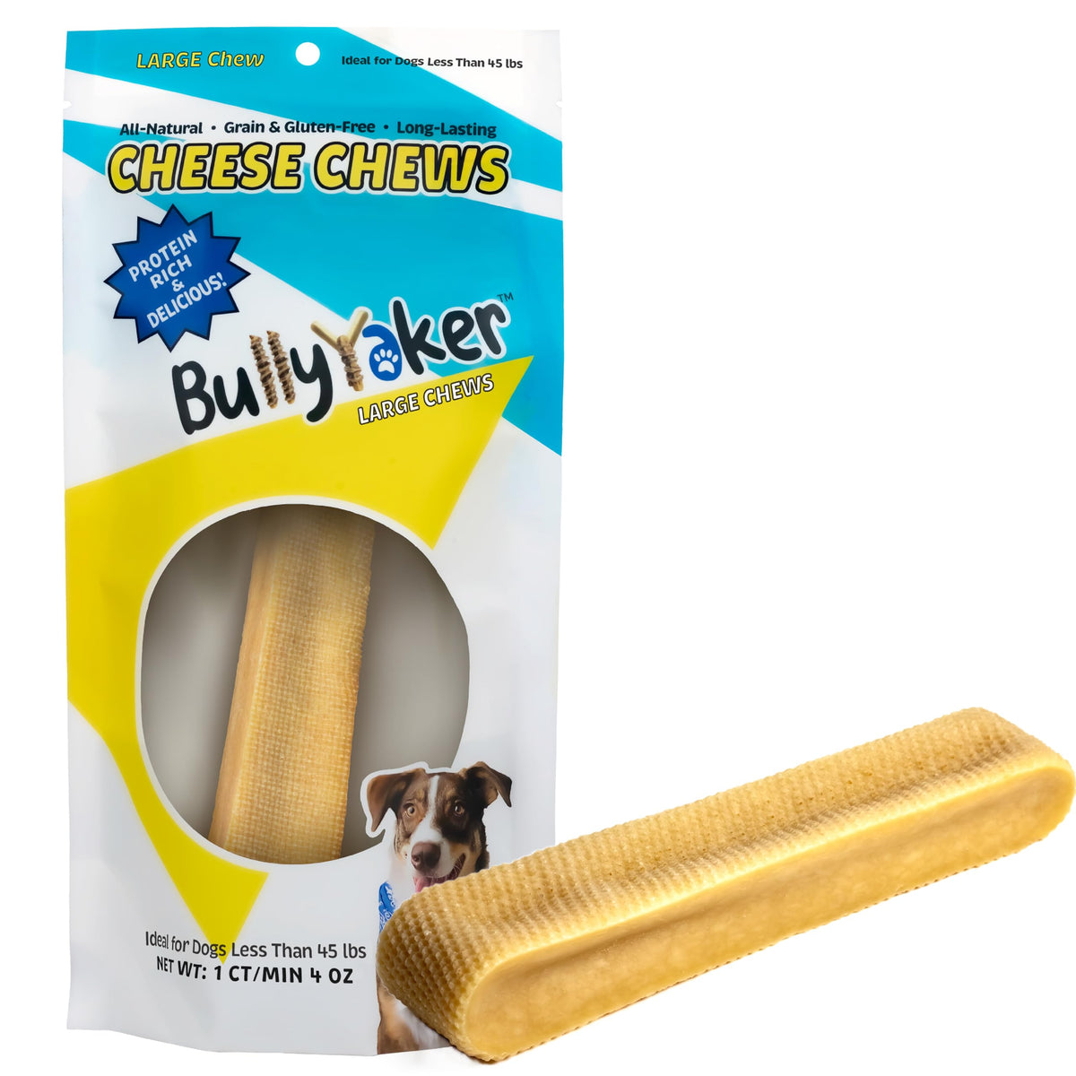 BULLYYAKER Cheese Chews: Himalayan Yak Cheese Dog Chews- Natural, Healthy & Long Lasting Dog Treats - Grain, Gluten & Lactose-Free Rawhide Alternatives, Large Single Stick, 4 Oz