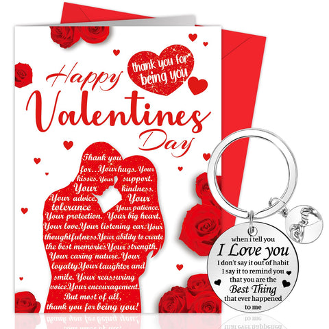 DPKOW Valentines Gifts for Him Husband, 1 Valentines Card for Husband + 1 Valentines Keyring for Husband + 2 Heart Bracelets for Couples, Husband Anniversary Birthday Gifts for Him Men Gifts Couples