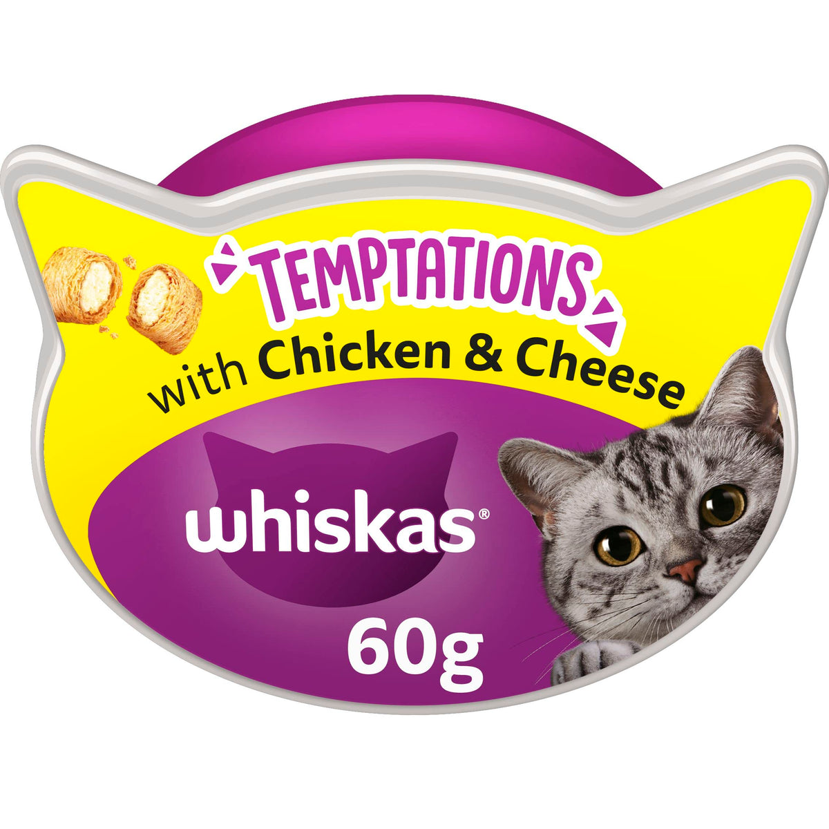 Whiskas Temptations 8 Packets, Tasty, Crunchy Treats for Adult Cats, bite size Snacks with a delicious Chicken & Cheese Filling, Pack of 8 (8 x 60 g)