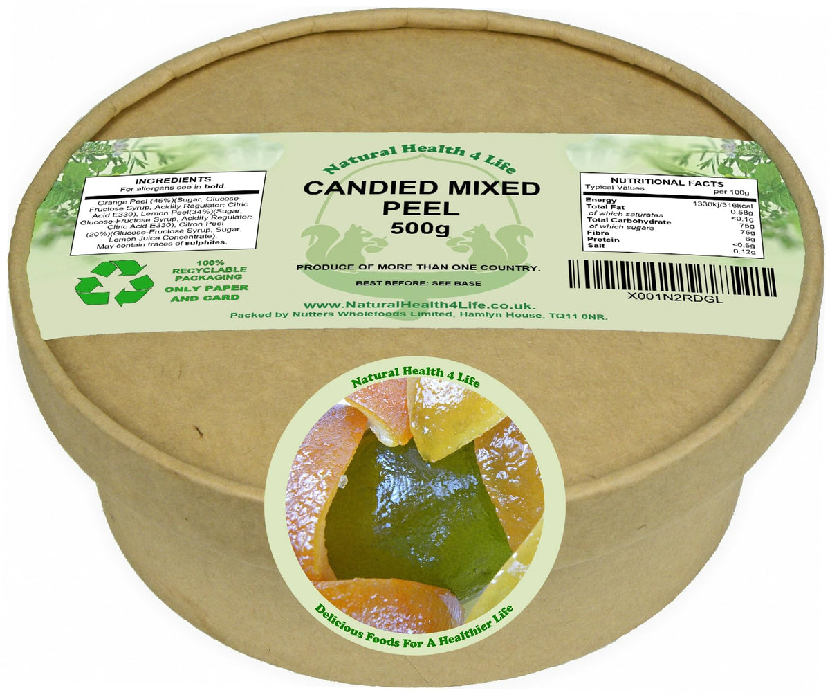 Natural Health 4 Life Cake Baking Ingredients Candied Mixed (Orange, Lemon, Citron) Peel 500 g in Recyclable Tub (1 Tub)