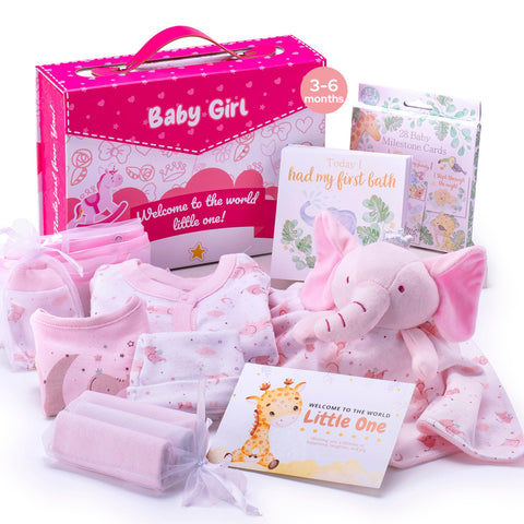 Hattie's Gifts New Baby Girl Gift Set - Baby Shower Gifts and Baby Essentials for Newborn Includes Elephant Comforter, Clothes, Milestone Cards, 10-Piece New Mum Gifts & Keepsakes (3-6 Months)