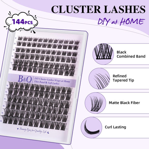 B&Q Lash Clusters B50 Clusters Lashes 144 PCS Eyelash Clusters D Curl 8-18 Individual Lashes Wispy Volume False Eyelashes Soft Lightweight DIY Eyelash Extension at Home (B62,D-8-18)