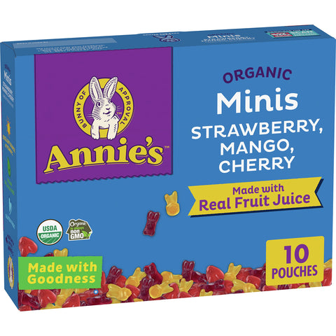 Annie's Organic Minis Bunny Fruit Flavored Snacks, Strawberry, Mango & Cherry, Gluten Free, 10 Pouches, 7 oz.