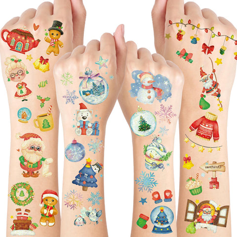 Konsait 145+ PCS Glitter Christmas Temporary Tattoo Kids Adult Winter Snowflake Tattoos Stocking Stuffers Fillers for Kids Xmas Waterproof Tattoo Stickers for Boys and Girls Xmas Party Favors