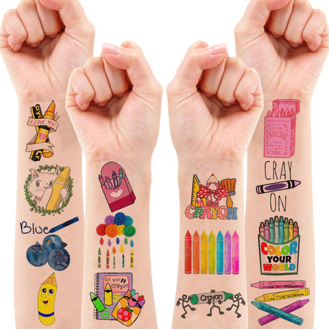 94 PCS Funny Art Crayon Temporary Tattoos Sticker Crayon Painting Birthday Party Decorations Favors Supplies Celebration Gifts Boys Girls Baby Shower Cute Tattoo School Prizes Reward Themed