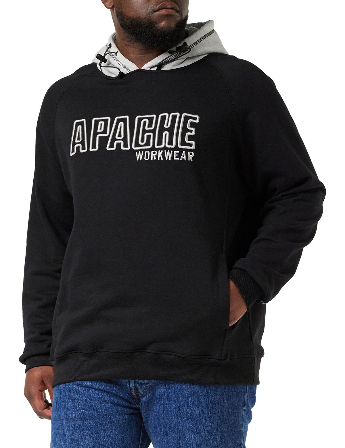 Apache Workwear Hoodie | Black/Gey | Size X-Large | Fleece Hooded Sweatshirt | Front Pocket | Durable Elbow Patches | 5 Thread Stitching