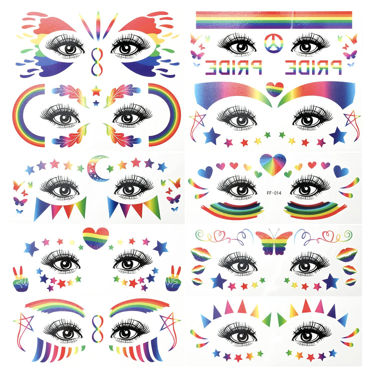 10 Sheets Rainbow Temporary Tattoos, Pride Tattoos Rainbow Face Tattoo Decoration Eyes, Butterfly, Star, Heart Tattoos for LGBT, Pride Festivals