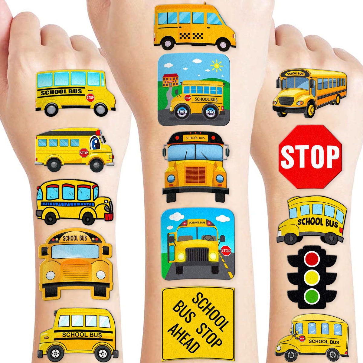 School Bus Temporary Tattoos Theme Birthday Party Decorations Favors Decor Supplies Cute 91 PCS Transportation Back To School Tattoo Stickers Gifts for Kids Girls Boys School Prizes Carnival Christmas