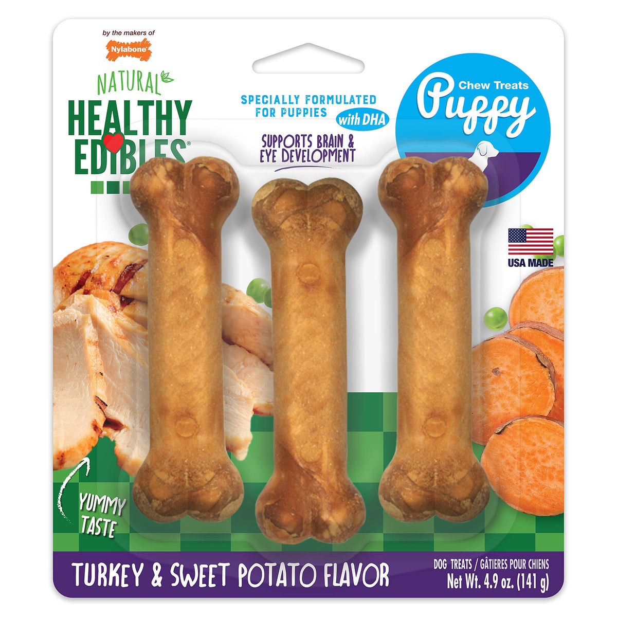 Nylabone Healthy Edibles Natural Puppy Treats - Long-Lasting Dog Treats - Puppy Supplies - Turkey & Sweet Potato Flavor, Small/Regular (3 Count)