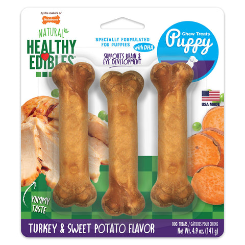 Nylabone Healthy Edibles Natural Puppy Treats - Long-Lasting Dog Treats - Puppy Supplies - Turkey & Sweet Potato Flavor, Small/Regular (3 Count)