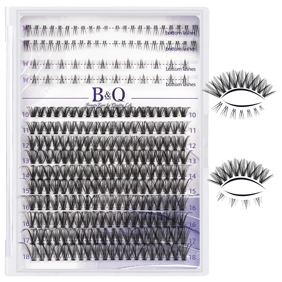 B&Q Lash Clusters with Bottom Lashes 10-18mm 30D D Curl Lash Clusters Individual Lashes Cluster Eyelash Clusters Wispy with 2 Styles Bottom Lash Extension DIY Lash Extensions at Home (30D-D-MIX10-18)