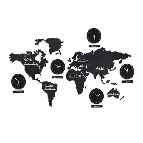 Relaxdays World Map with 5 Clocks, Wooden, Choose from 10 Different Cities, 3D Template Stencil, HxW: 61 x 113 cm, Black, Fibreboard, 1 item