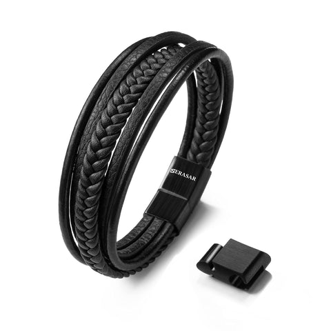 SERASAR 21cm Black Bracelet Men Gift-Box Genuine-Leather Cowhide Braided Adjust-Able Magnetic-Clasp Multi-Layer Wrap Jewellery-Box Rope Man Mans Male Mens Bracelets Band Jewelry Magnet Accessories