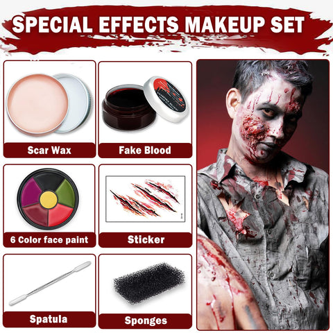 Halloween Special Effects Zombie Vampire Makeup Kit - Fake Blood Gel + 6 colors Bruise Face Body Paint Makeup Kit + Scar Wax with Spatula Tool + Sticker Stipple Sponges