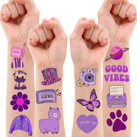 Cute Purple Temporary Tattoos Dark Purple Birthday Party Decorations Favors Supplies Violet Themed Cute Stickers 10 Sheets 112 PCS Gifts for Baby Girls Boys Decor Class School Carnival Christmas