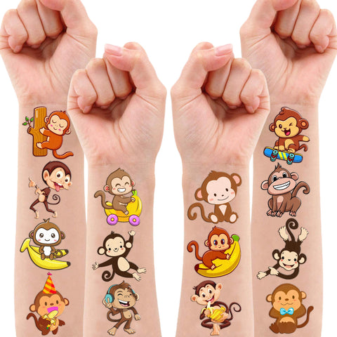 100PCS Little Monkey Tattoos Temporary Birthday Party Decorations Favors Supplies Decor Cute Funny Wild Monkeys Jungle Safari Animals Tattoo Stickers Gifts For Kids Boys Girls School Prizes Carnival