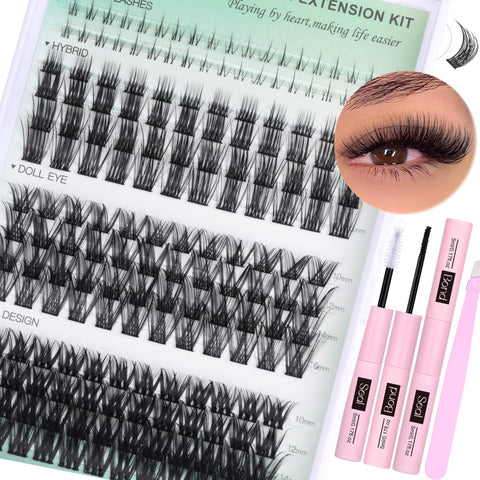 Geeneiya 4 Styles Lash Clusters Kit, C Curl Natural DIY Lash Extension Kit, 10-16MM Wispy Eyelash Extension Kit with Bottom Cluster Lashes, Waterproof Lash Bond and Seal, Tweezers (0.05D,180Pcs,Mix)