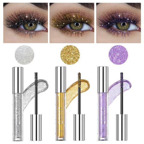 Bekoeen 3PCS Glitter Mascara Eyeshadow,Lengthening Volumizing Colorful Mascara,Sparkling Diamonds Silver Diamond Mascara, Waterproof Colorful Lashes for Eyelashes,Party Wedding