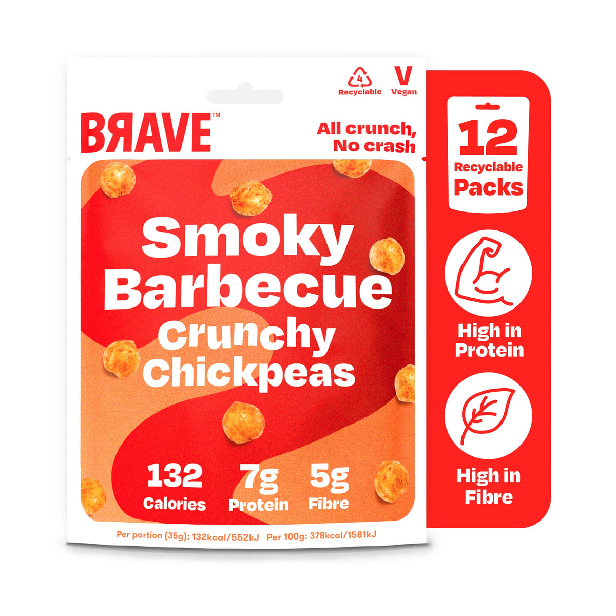 BRAVE Roasted Chickpeas: BBQ - Protein Snacks, Healthy Snacks, Vegan, High Protein, Low Calorie, Sugar Free, Kids Snack, High Fibre, Plant Based, Multipack, Vegetarian - 12 x 35g packs