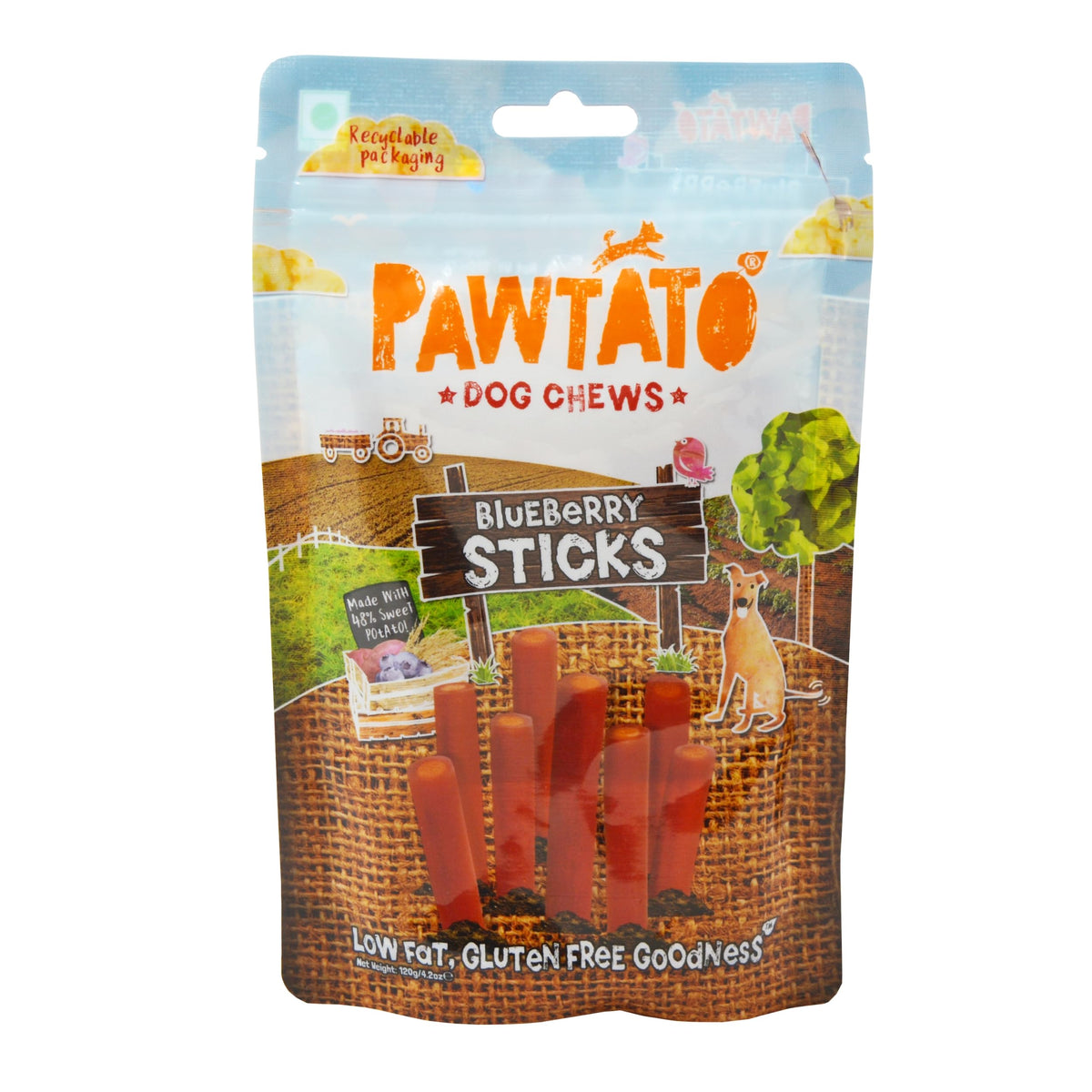 Pawtato Vegan Dog Chews Blueberry Sticks. Natural rawhide alternative dog treat. Low fat, plant based, hypoallergenic, sweet potato and rice chews, 120g