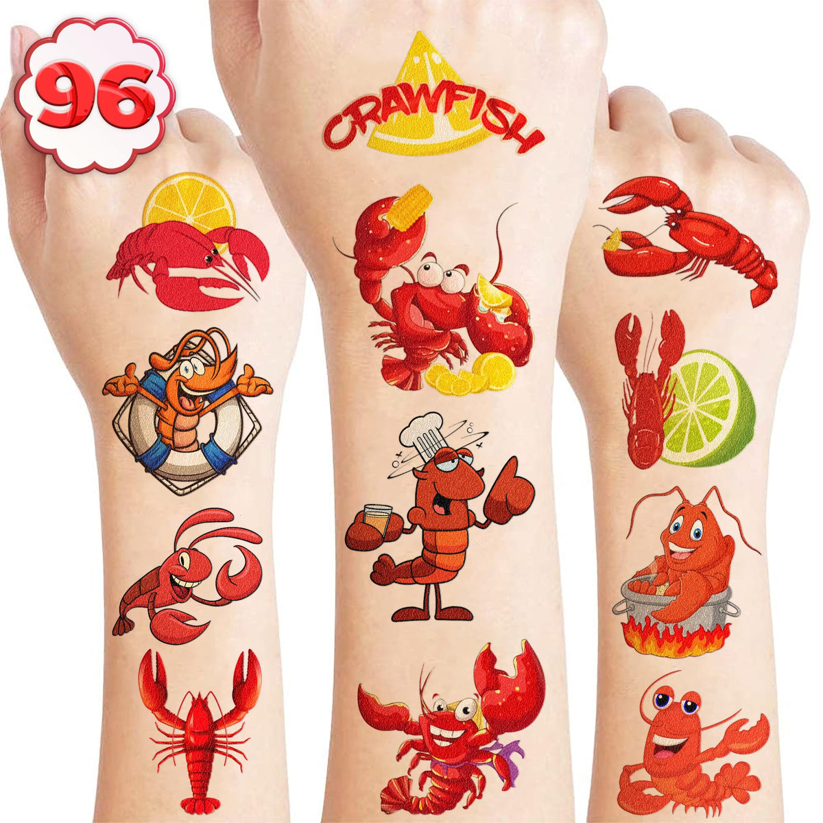 100PCS Seafood Crawfish Boil Temporary Tattoos Stickers Themed Birthday Party Supplies Favors Decorations Summer Crayfish Lobster Shrimp Tattoo Sticker Gifts For Boys Girls School Prizes Carnival