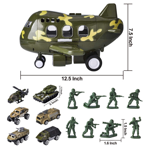 JOYIN 7PCS Military Friction Powered Transport Cargo Airplane Toy with Die-cast Military Cars Including 6 Diecast Military Vehicle Toys and Army Men Figures for Combat Toy Imaginative Play