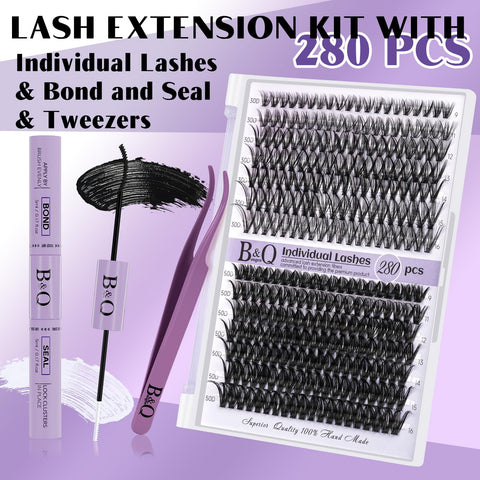 B&Q Lash Extension Kit for Beginners 280pcs Eyelash Extension Kit 30D+50D 9-16 Mixed Lash Clusters Kit D Curl Lash Kit with Lash Bond and Seal Individual Lashes Kit DIY (KIT,30D+50D-D-9-16MIX)