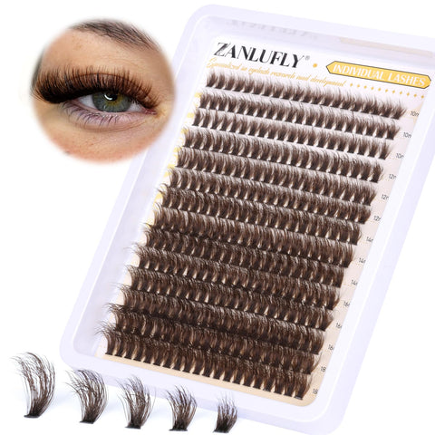 Brown Lash Clusters Fluffy Individual Lashes Natural Eyelash Clusters D Curl Thick DIY Lashes Extensions Wispy Cluster Eyealshes Extension (10-18MM)