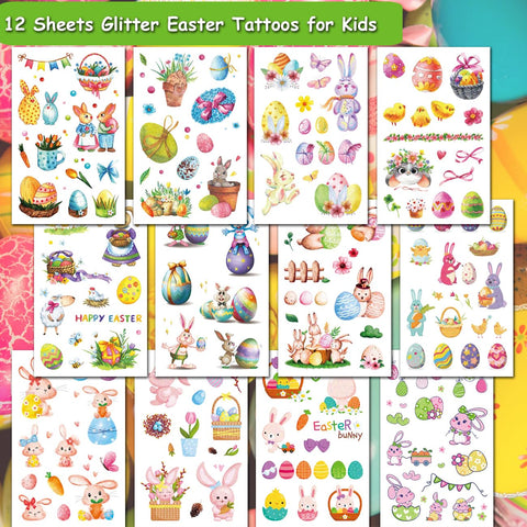 CHARLENT 120 Glitter Styles Easter Temporary Tattoos for Kids - 12 Sheets Glitter Easter Egg Bunny Tattoos for Boys Girls Party Favors Goodie Bag Fillers