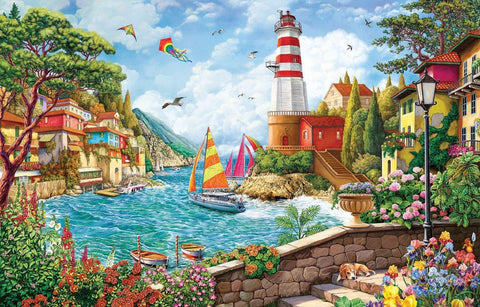 SUNSOUT INC - Lighthouse and Sailing Boat - 550 pc Jigsaw Puzzle by Artist: Image World - Finished Size 15" x 24" - MPN# 42975