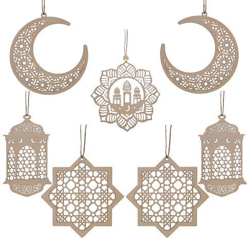 Ramadan Decorations, Wooden Pendant Eid Ramadan Decorations for Home, Ramadan Eid Mubarak Hanging Moon Star Wind Light Castle Shape Ornament Eid Al Adha Decorations