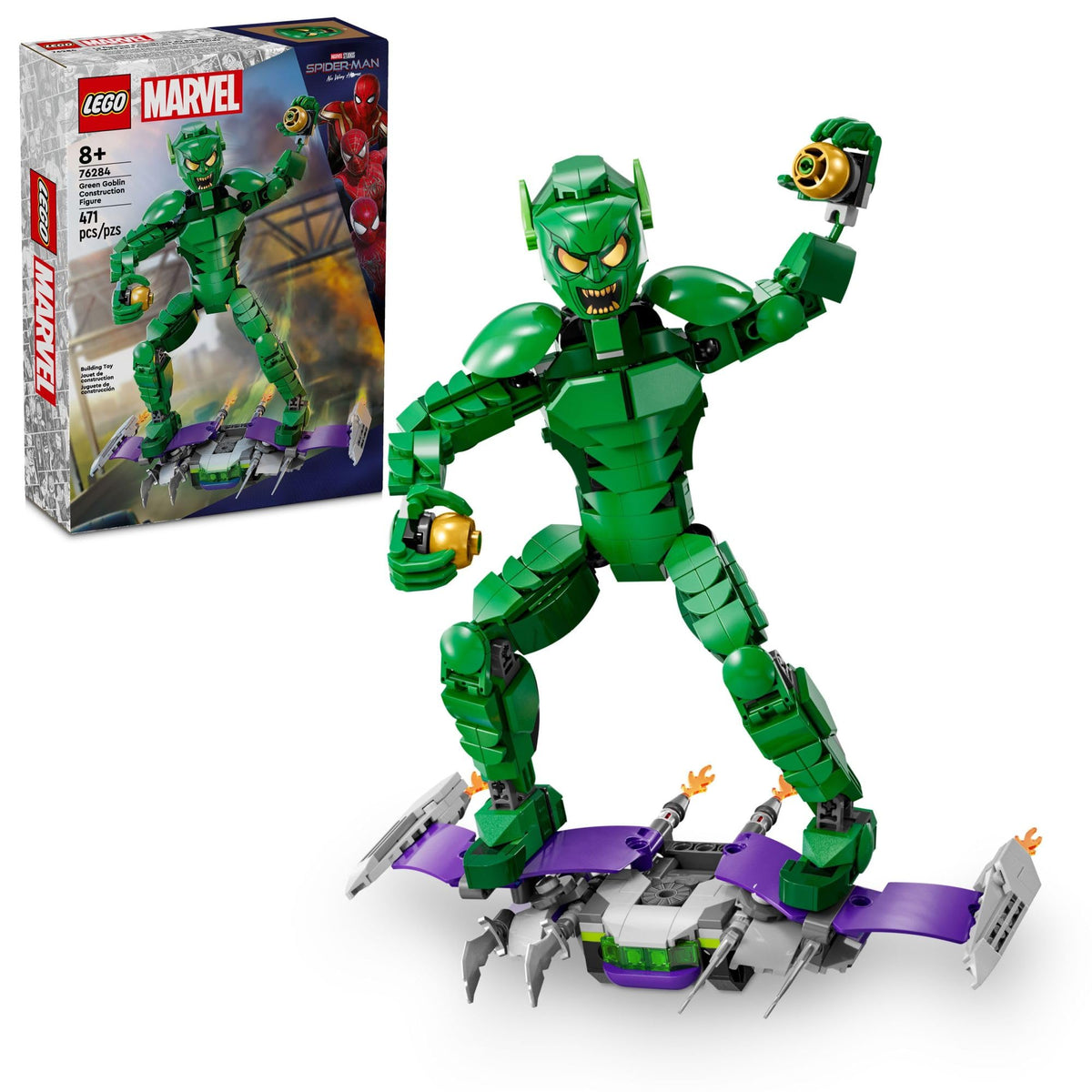 LEGO Marvel Green Goblin Construction Figure Building Toy, KidsÃƒÆ’Ã‚Â¢ÃƒÂ¢Ã¢â‚¬Å¡Ã‚Â¬ÃƒÂ¢Ã¢â‚¬Å¾Ã‚Â¢ Posable Marvel Villain Action Figure with Glider and Pumpkin Bombs, Gift for Boys and Girls Aged 8 and Up, 76284