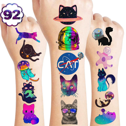 92 PCS Funny Space Cat Temporary Tattoos Stickers Theme Birthday Party Decorations Supplies Favors Decor Cute Galaxy Cats Astronaut Star Tattoo Sticker Gifts For Kids Girls Boys School Prizes Carnival