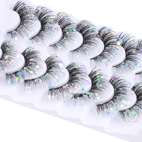 Glitter Lashes Dramatic False Eyelashes with Shinny Glitter Decorative Colored Lashes Glow in the Dark Faux Mink Eyelahses Cat Eye Strip Lashes Pack 7 Pairs