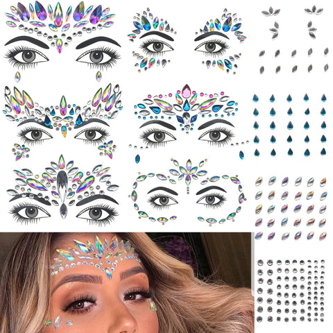 GLARYYEARS Face Gems, 10-Pack Face Jewels Temporary Tattoo Stickers, Face Jewelry Rhinestones Diamonds Crystals, Rave Accessories for Festival Holiday Costumes & Makeup