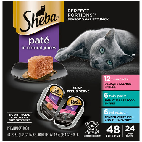 SHEBA PERFECT PORTIONS PatÃƒÆ’Ã†â€™Ãƒâ€ Ã¢â‚¬â„¢ÃƒÆ’Ã¢â‚¬Å¡Ãƒâ€šÃ‚Â© Adult Wet Cat Food Trays (24 Count, 48 Servings), Signature Seafood EntrÃƒÆ’Ã†â€™Ãƒâ€ Ã¢â‚¬â„¢ÃƒÆ’Ã¢â‚¬Å¡Ãƒâ€šÃ‚Â©e, Easy Peel Twin-Pack Trays